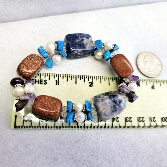 Sodalite,Copper Goldstone, Pearls, Amethyst, Turquoise Stretchy Bracelet - Picture 14 of 14
